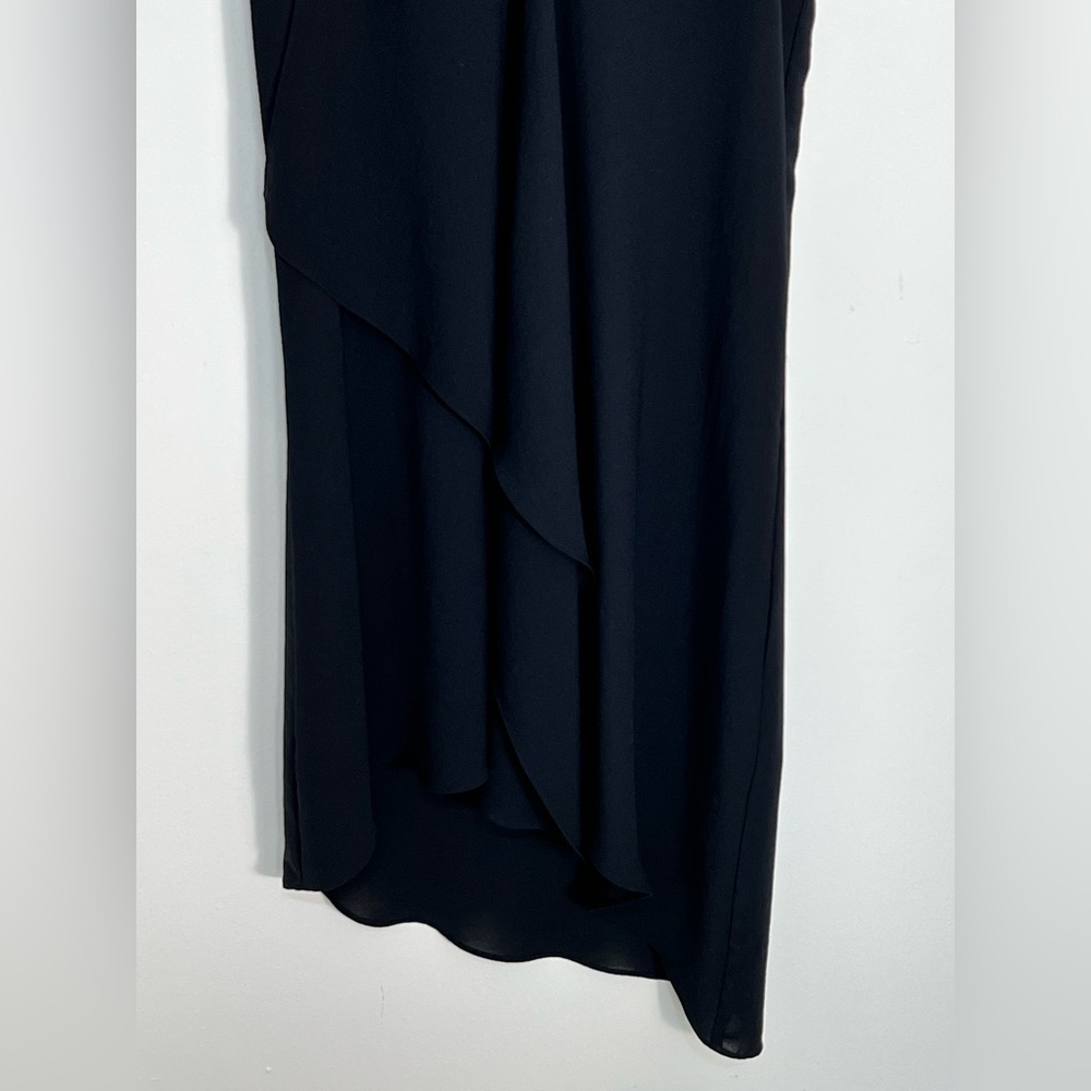 ADRIANNA PAPELL Quiet Luxury Black sheer Lined Draped Asymmetrical Hem Dress 4 - Picture 2 of 10